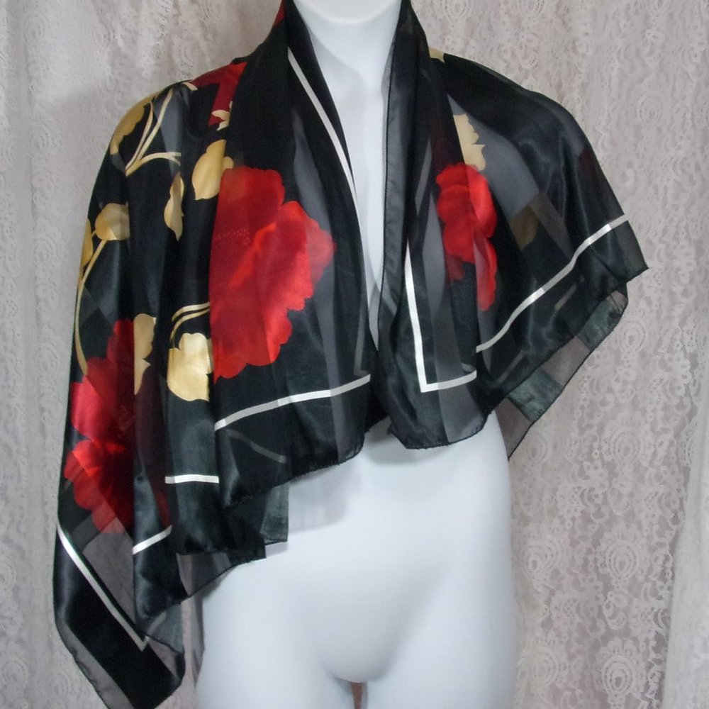 Scarf/wrap/cover-up Oversized Red Floral on Black Background NWOT